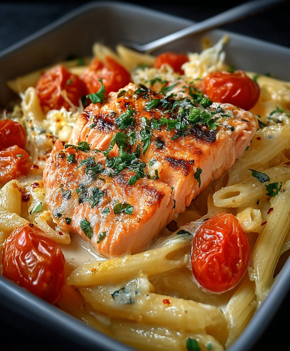Ofen Lachs Pasta Tomaten