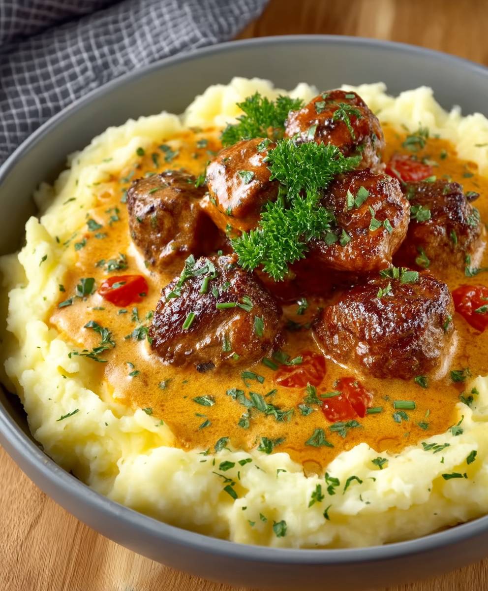 Hackbällchen cremige Sauce Kartoffelpüree