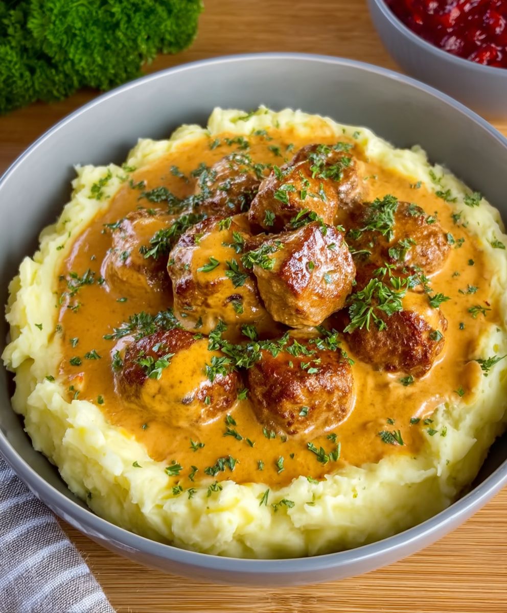 Hackbällchen cremige Sauce Kartoffelpüree