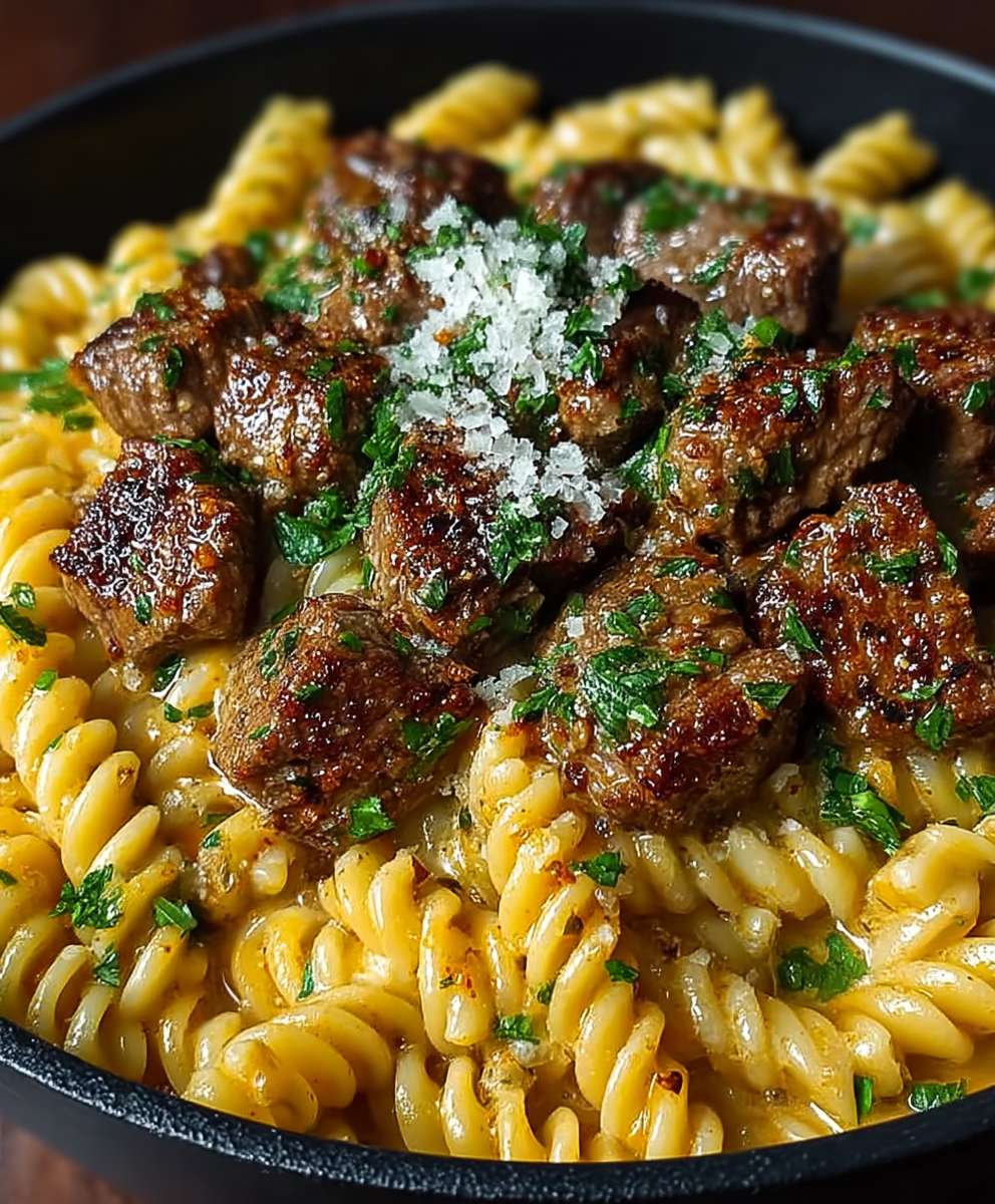 Cremiges Knoblauchbutter Steak Pasta