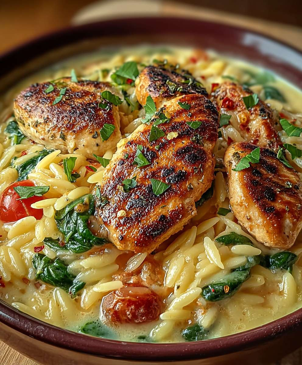 Cremige Orzo Pfanne mit Hähnchen