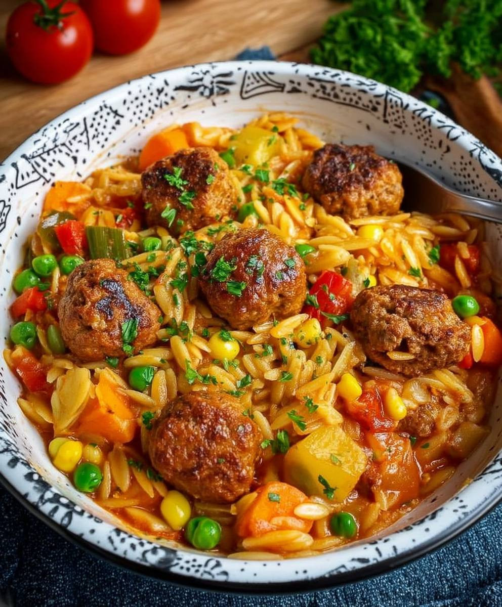 Orzo Pfanne mit Hackbällchen
