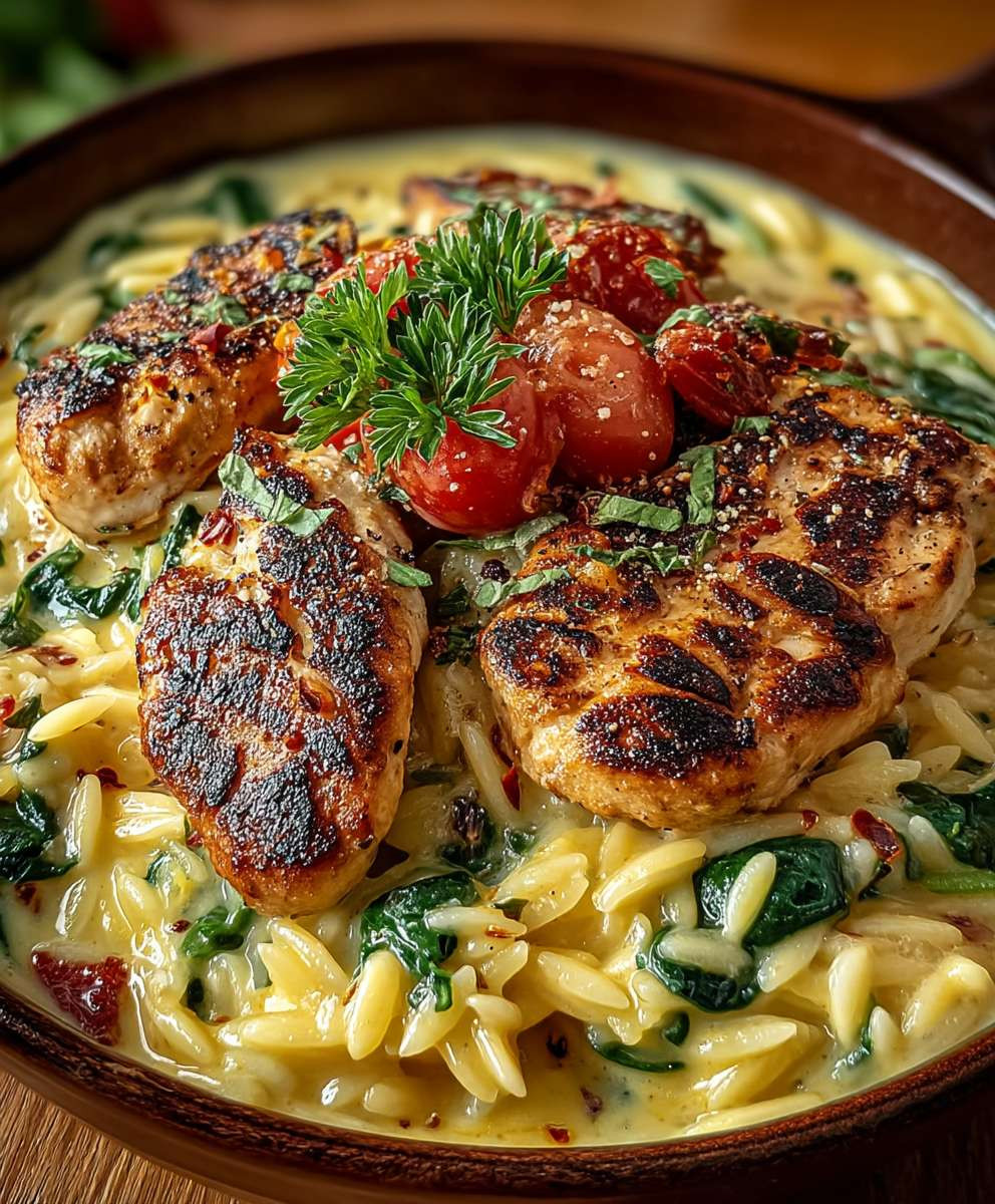 Cremige Orzo Pfanne mit Hähnchen