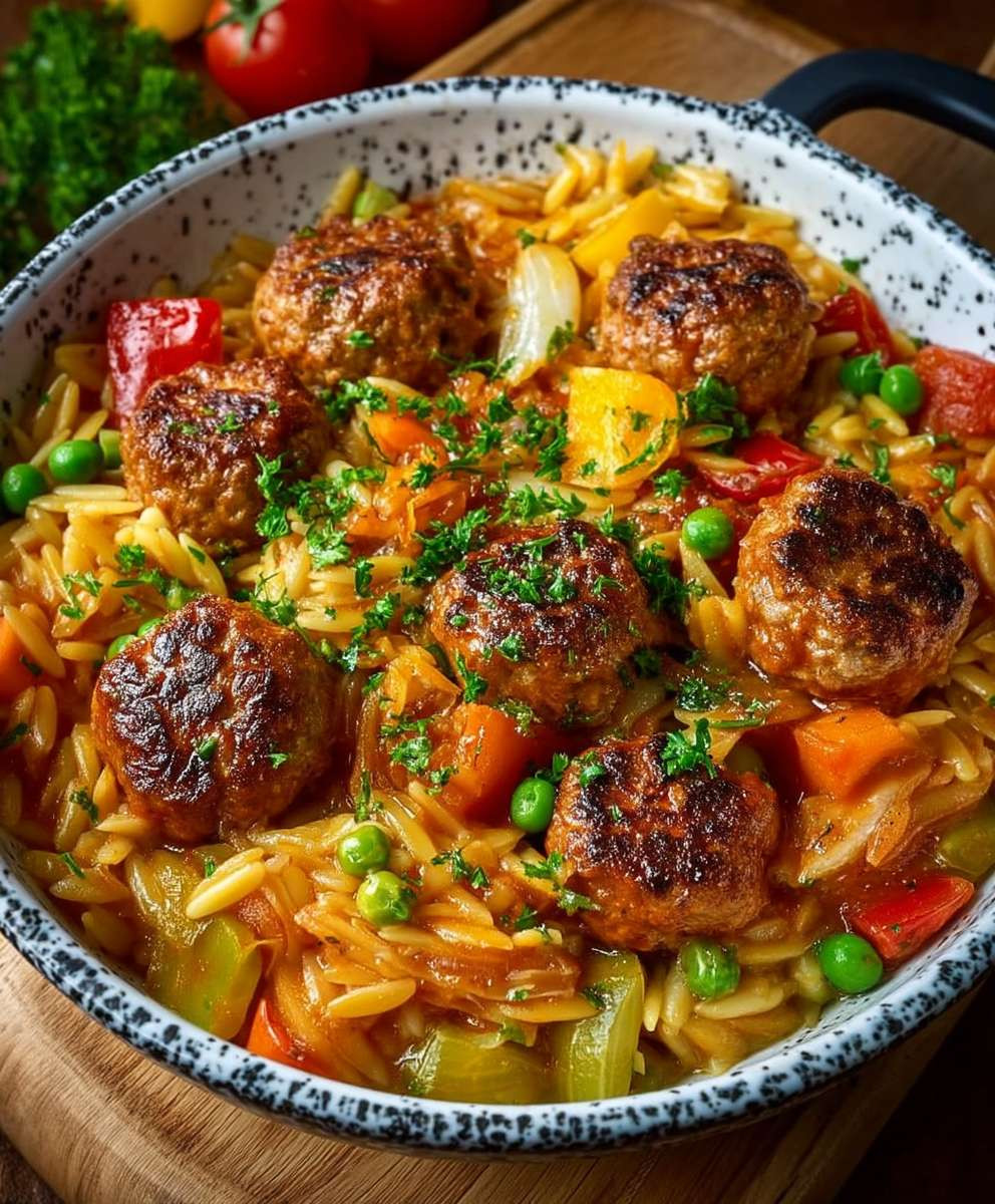 Orzo Pfanne mit Hackbällchen