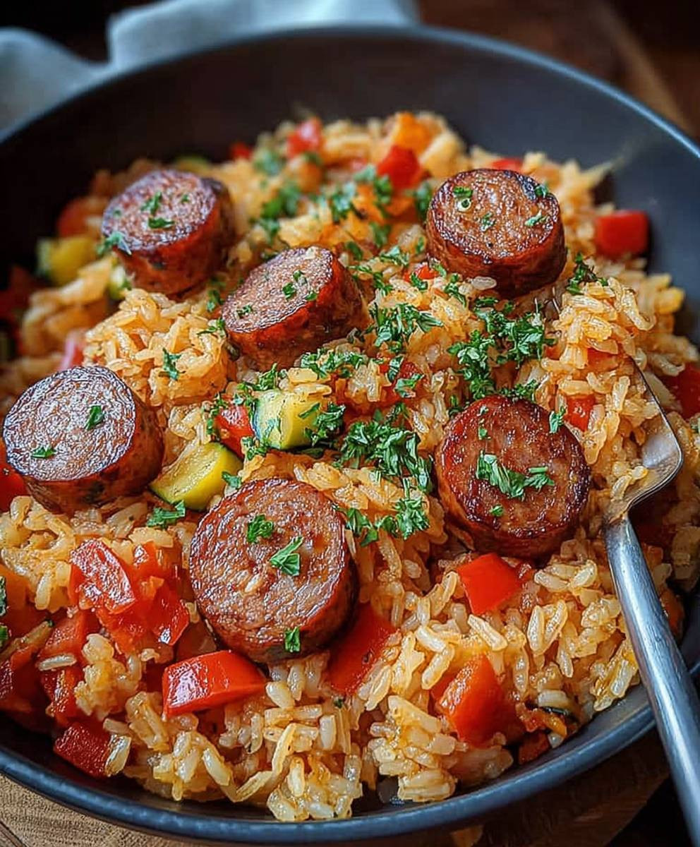 Wurst Reis Pfanne einfach zubereiten
