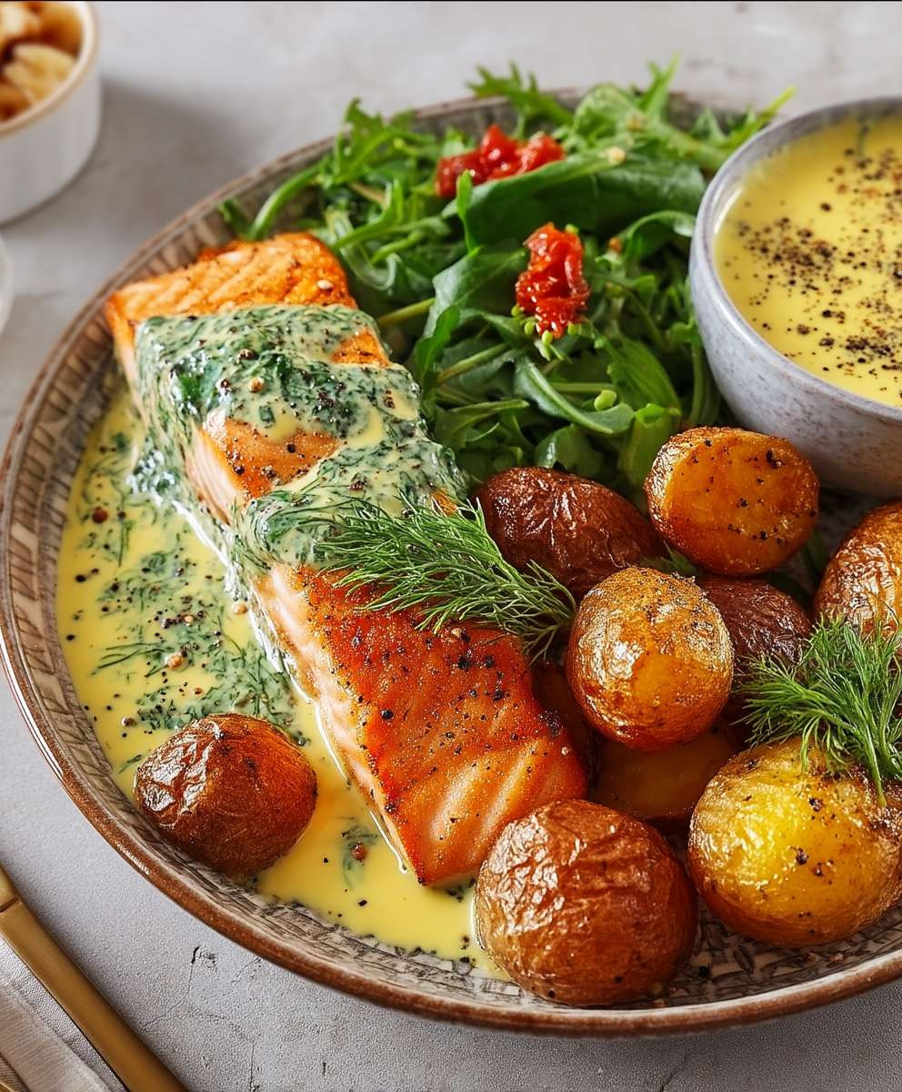 Lachs Dillsoße Röstkartoffeln