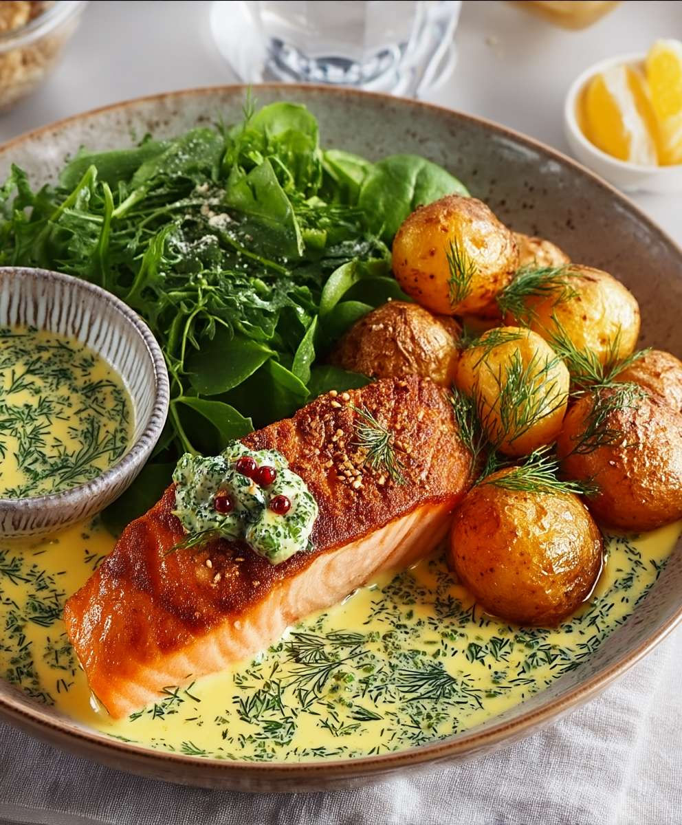 Lachs Dillsoße Röstkartoffeln