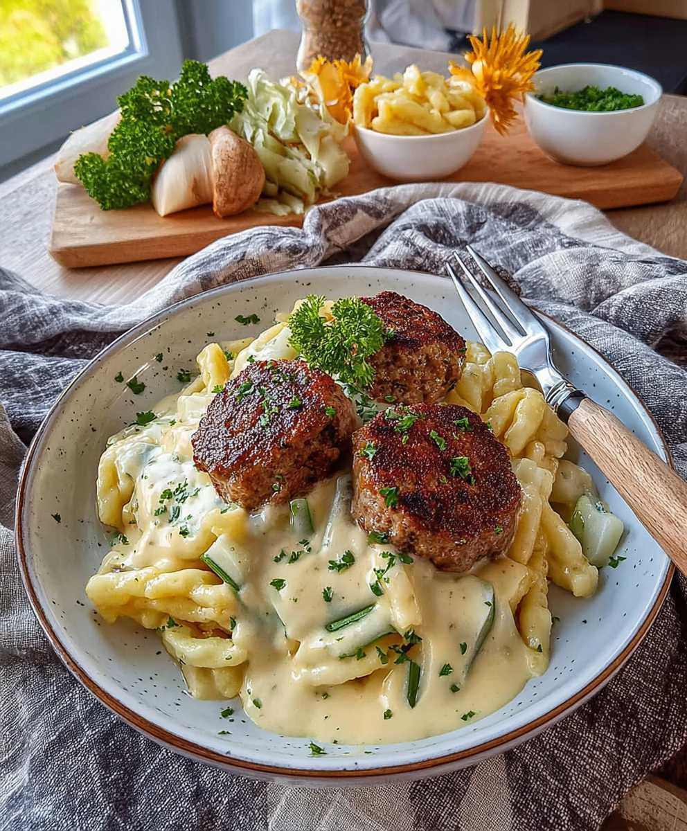 Kohlrabigemüse mit Frikadellen und Spätzle