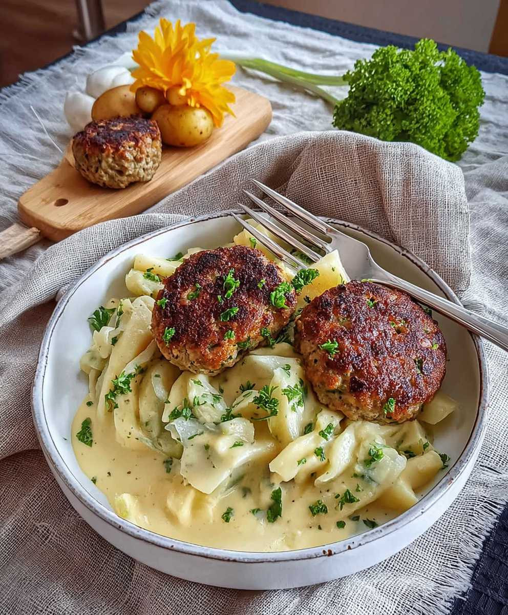 Kohlrabigemüse mit Frikadellen und Spätzle
