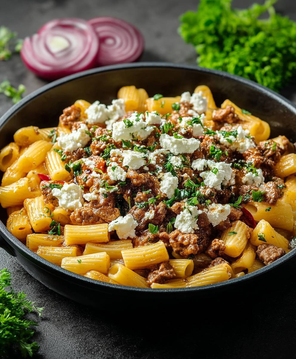 Nudel Hackfleisch Pfanne Feta