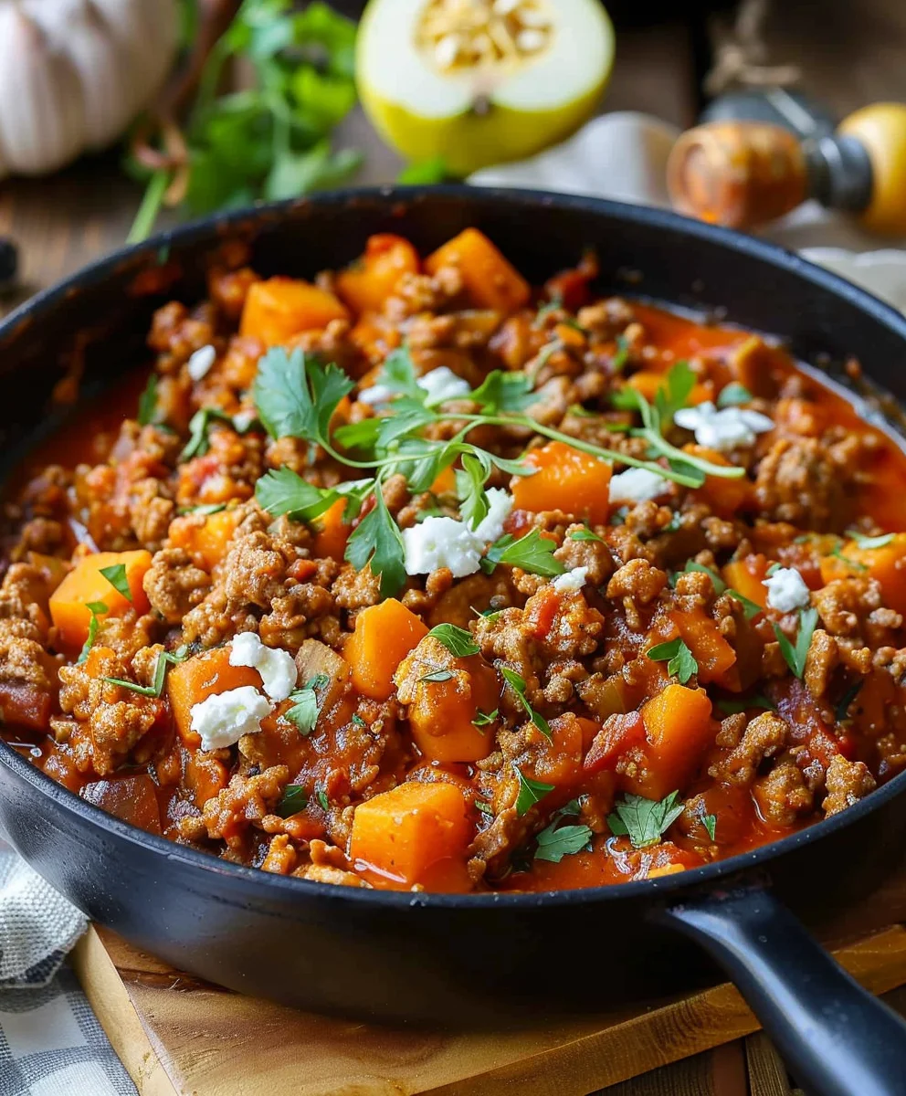 Herzhafte Kürbis-Beef-Feta-Pfanne