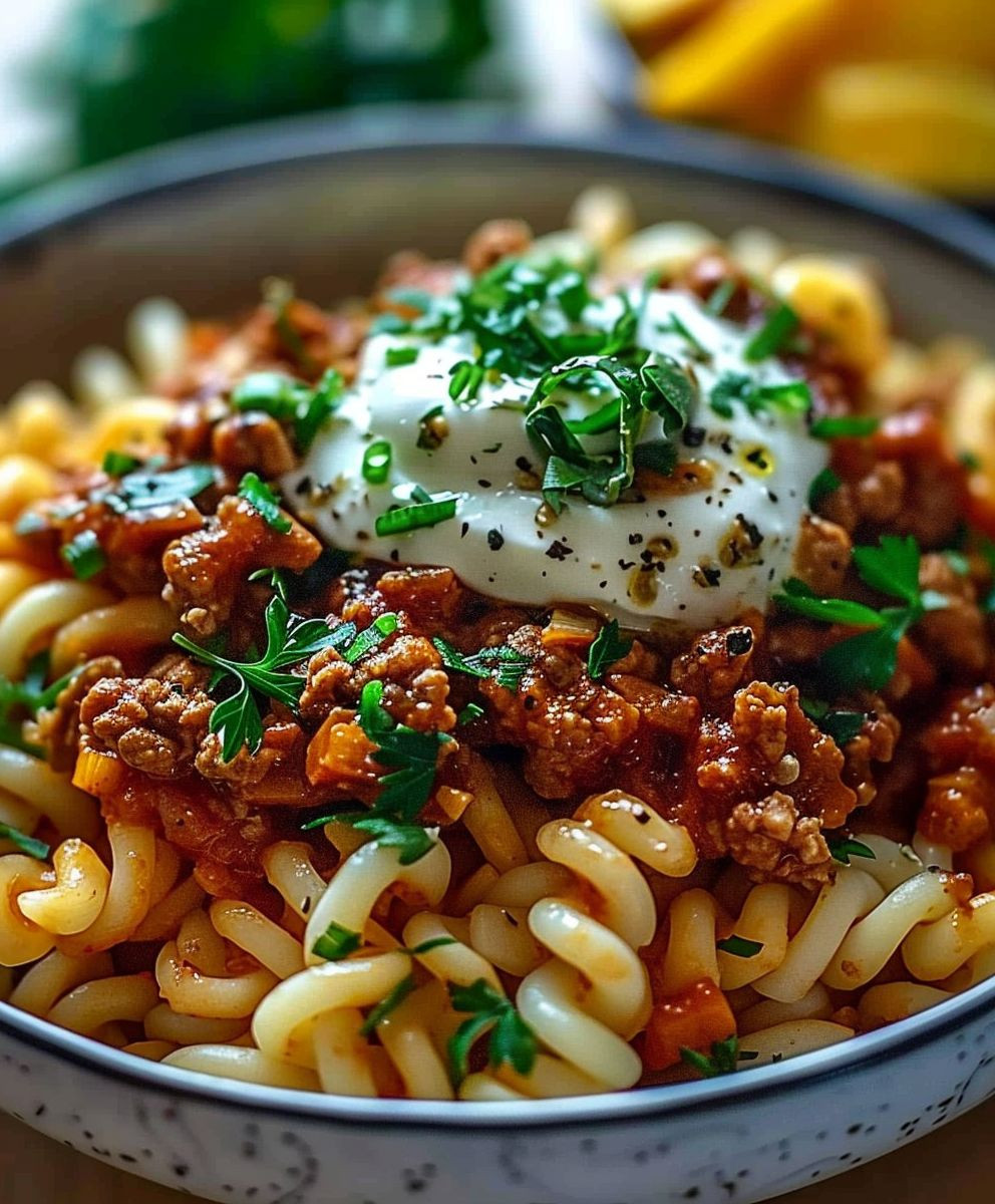 Türkische Pasta Hackfleisch Joghurt Sauce