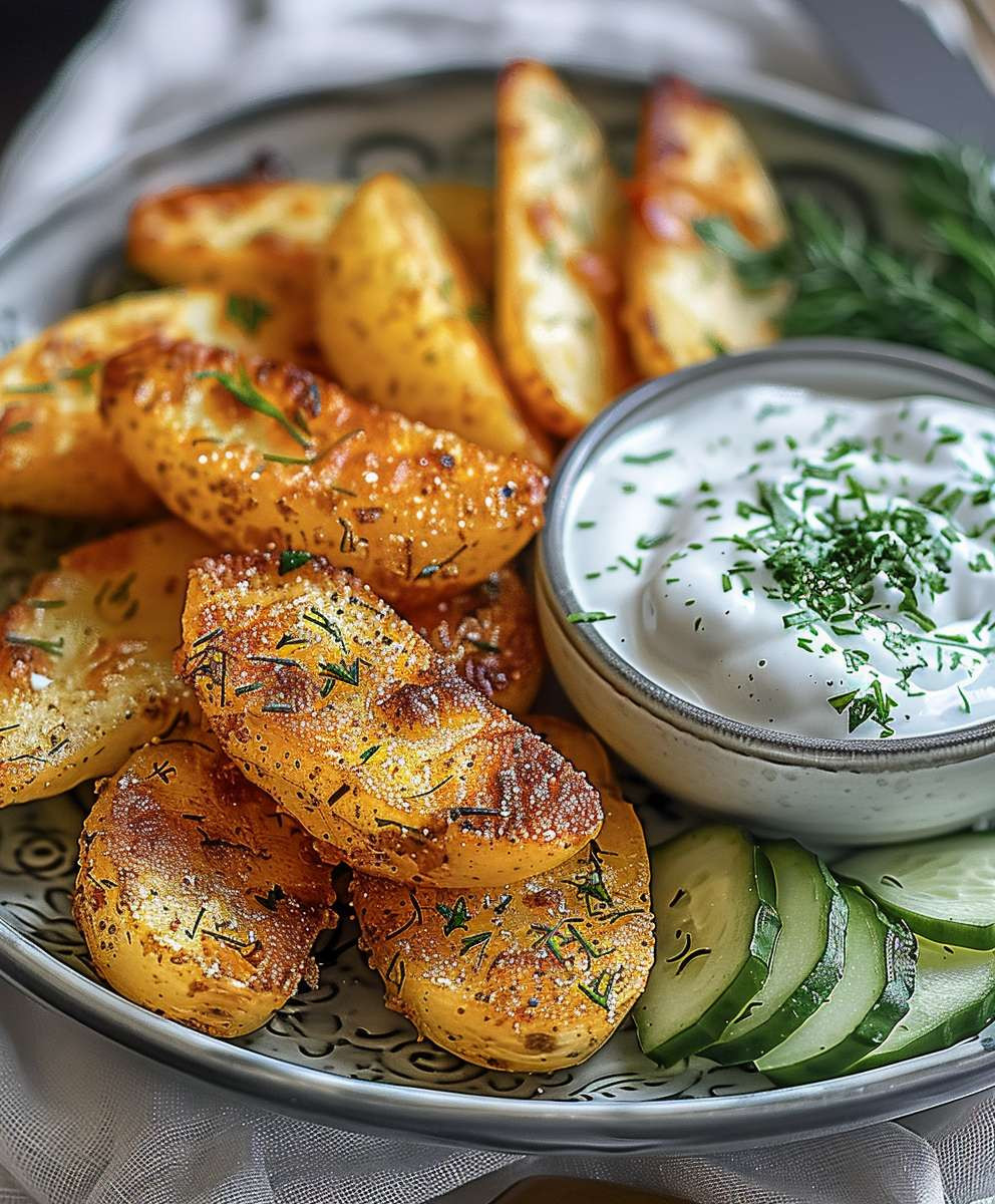 Kartoffelspalten mit Gurkendip