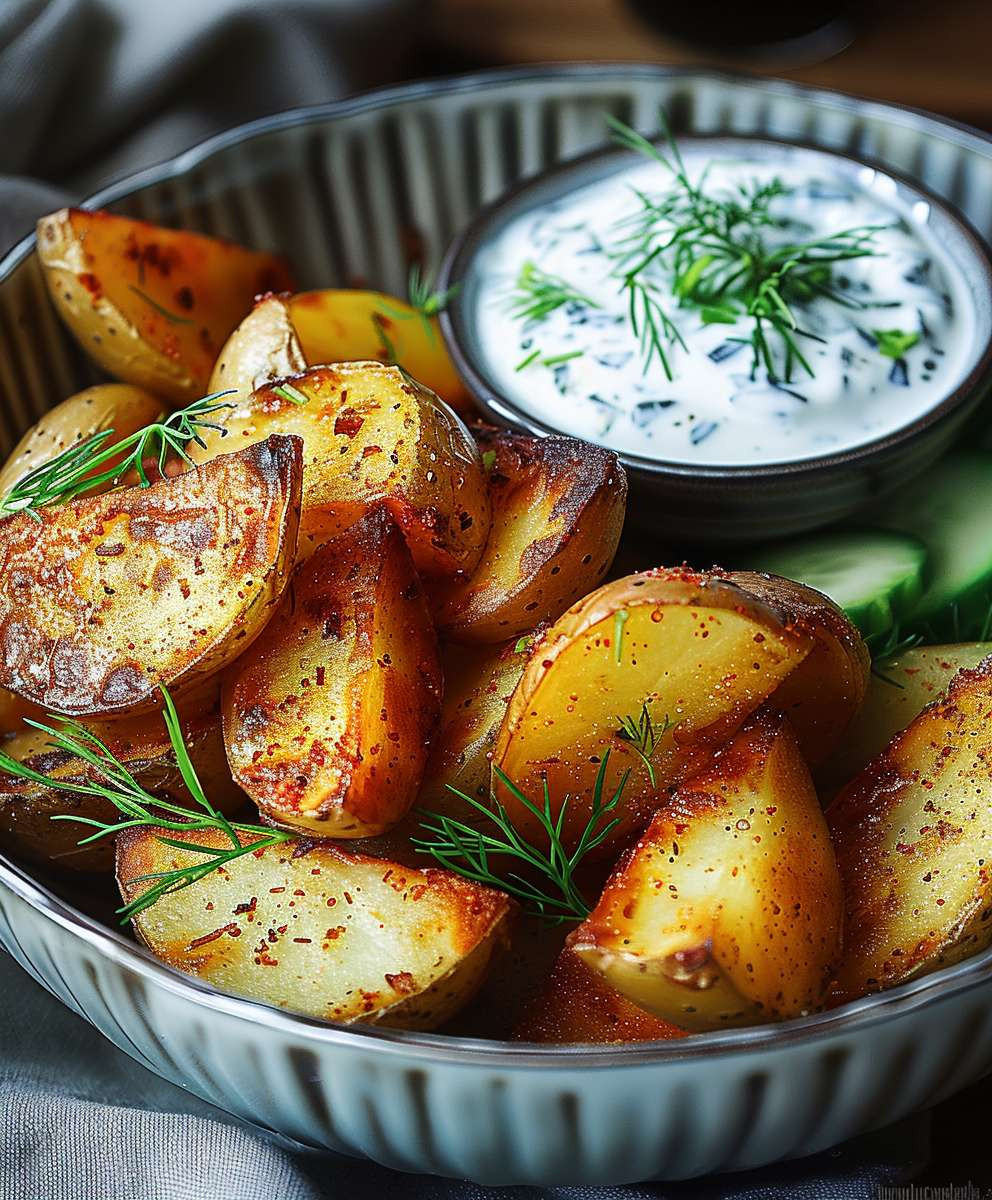Kartoffelspalten mit Gurkendip