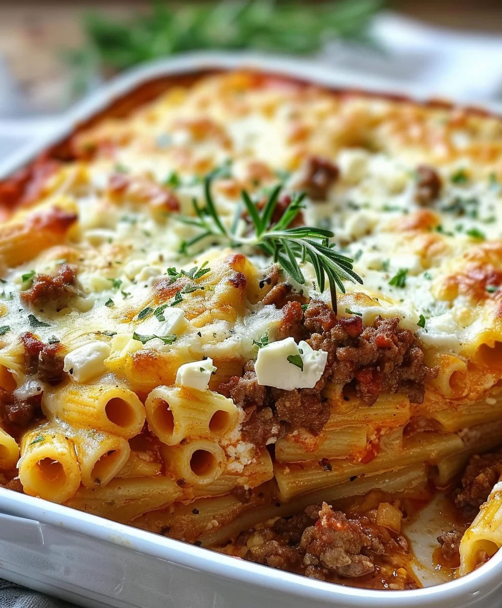 Griechischer Nudel-Auflauf mit Feta und Rinderhackfleisch