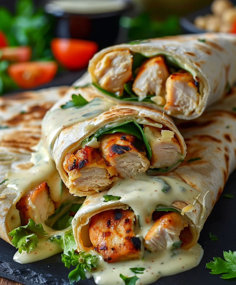 Herzhafte Hähnchen Wraps mit Knoblauchcreme-Soße