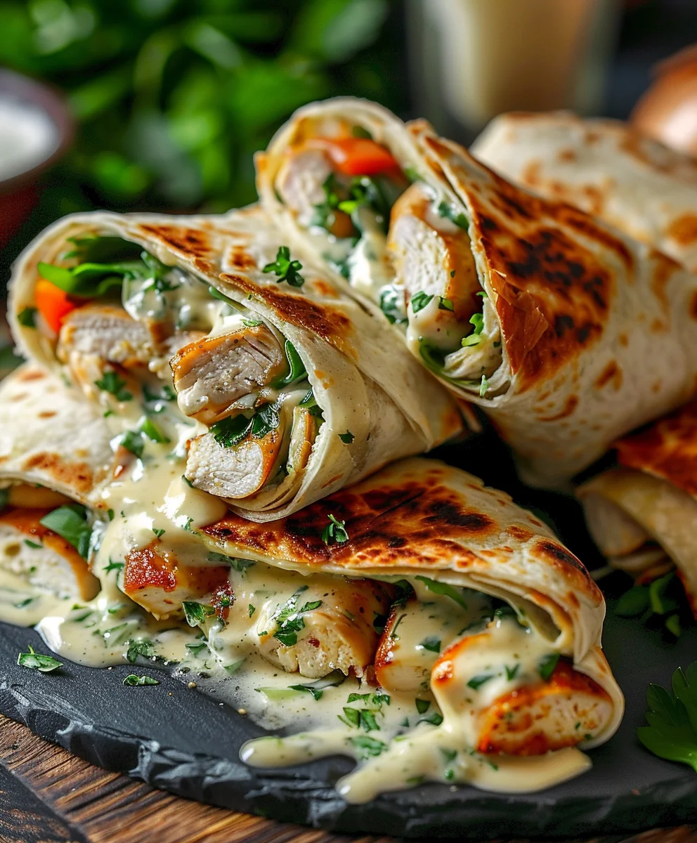 Herzhafte Hähnchen Wraps mit Knoblauchcreme-Soße