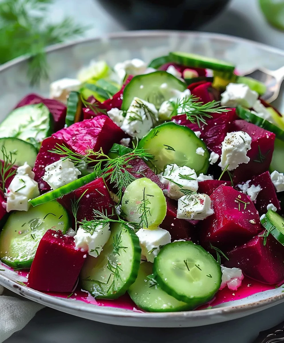 Leuchtender Rote Bete Feta Salat mit Gurke & Dill