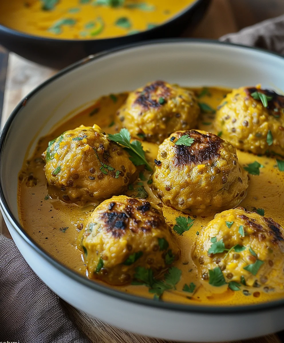 Vegane Linsenknödel in cremiger Curry Sauce