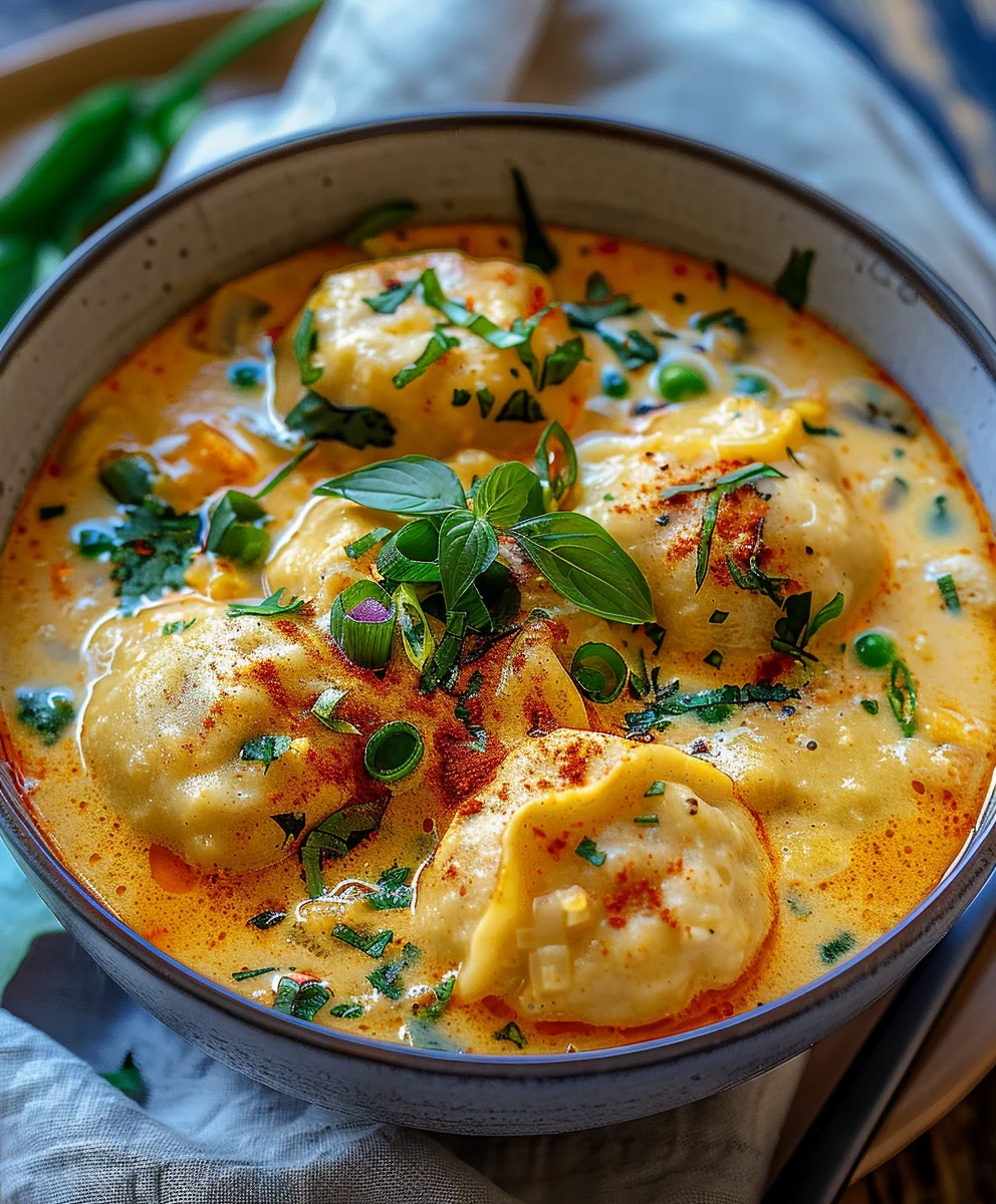 Cremige Kokos Curry Suppe mit Dumplings