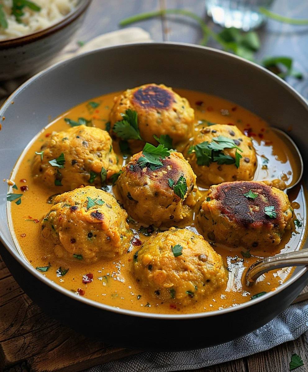Vegane Linsenknödel in cremiger Curry Sauce