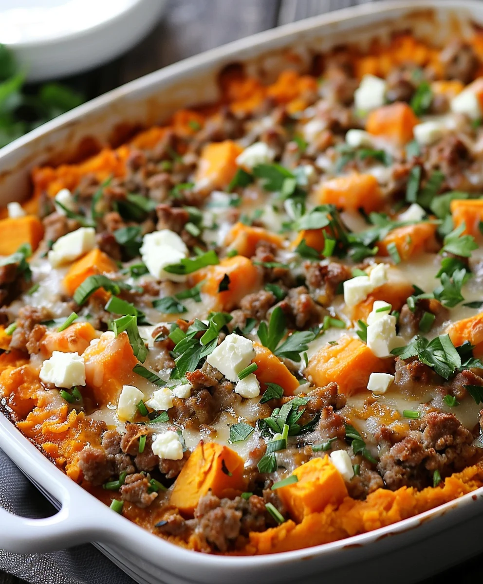 Süßkartoffel-Hackfleisch-Feta-Auflauf