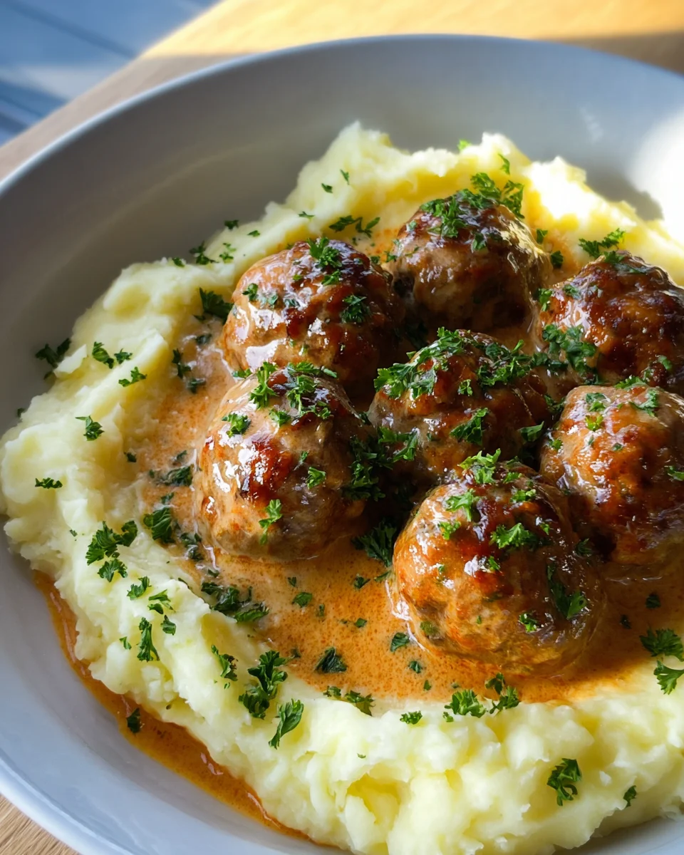 Saftige Hackbällchen mit cremiger Sauce & Kartoffelpüree
