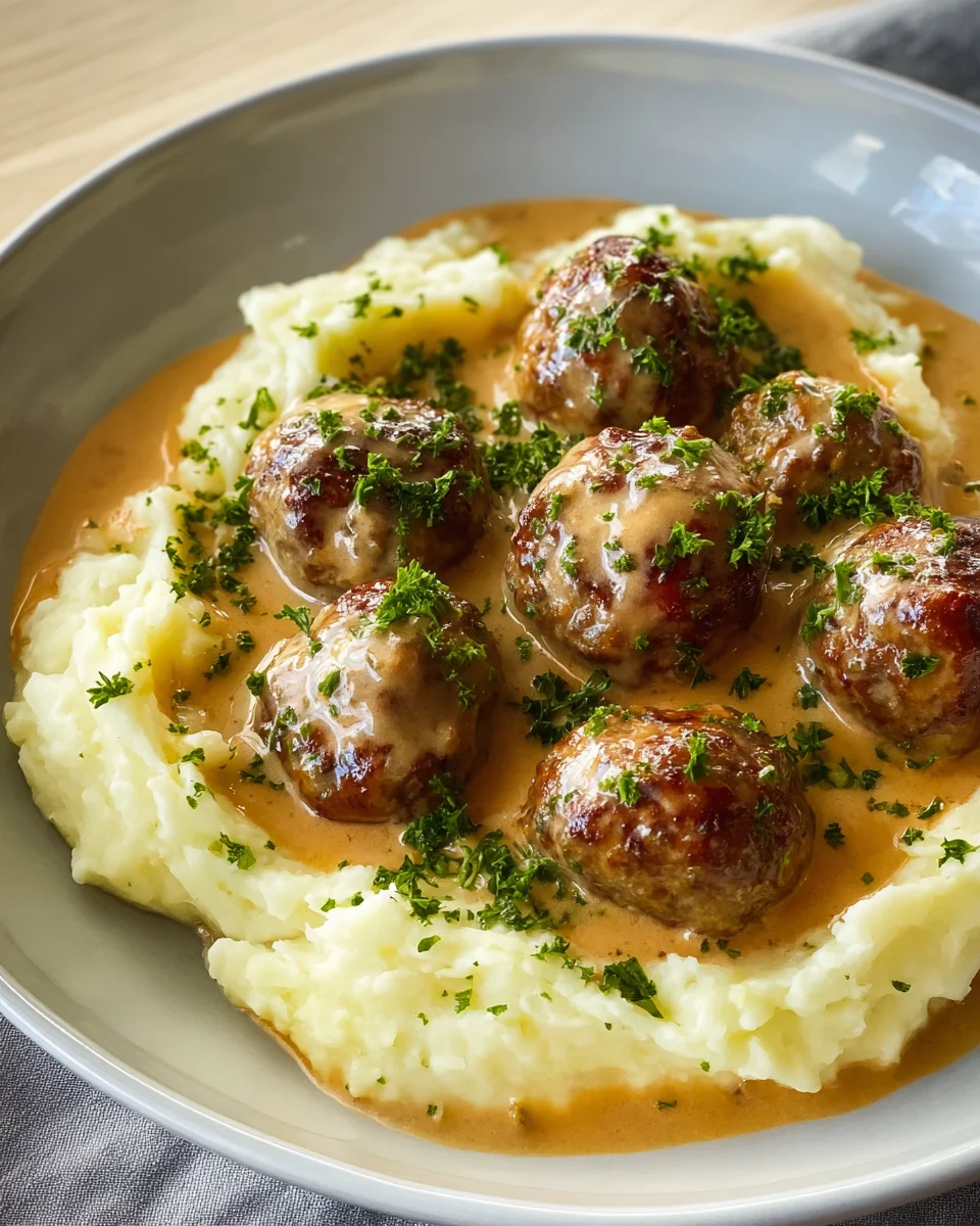 Saftige Hackbällchen mit cremiger Sauce & Kartoffelpüree