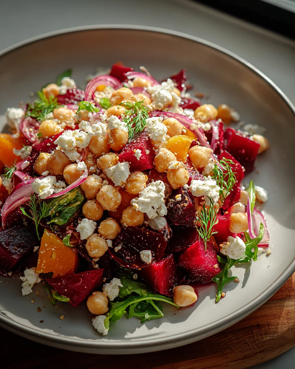 Kichererbsen-Rote-Bete-Feta-Salat mit Zitronen-Knoblauch-Dressing