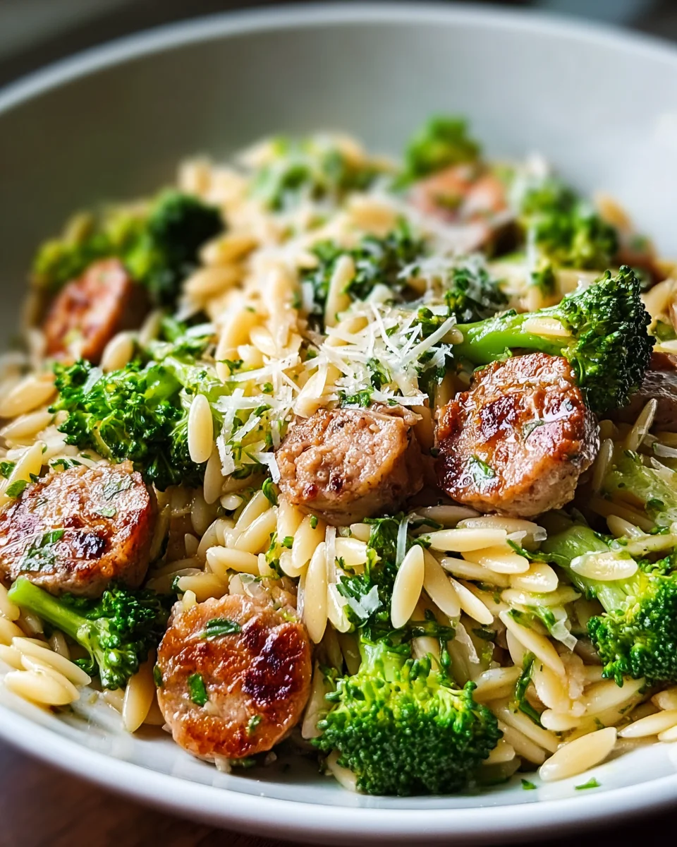 Schnelles Rezept: Hähnchenwurst mit Brokkoli und Orzo