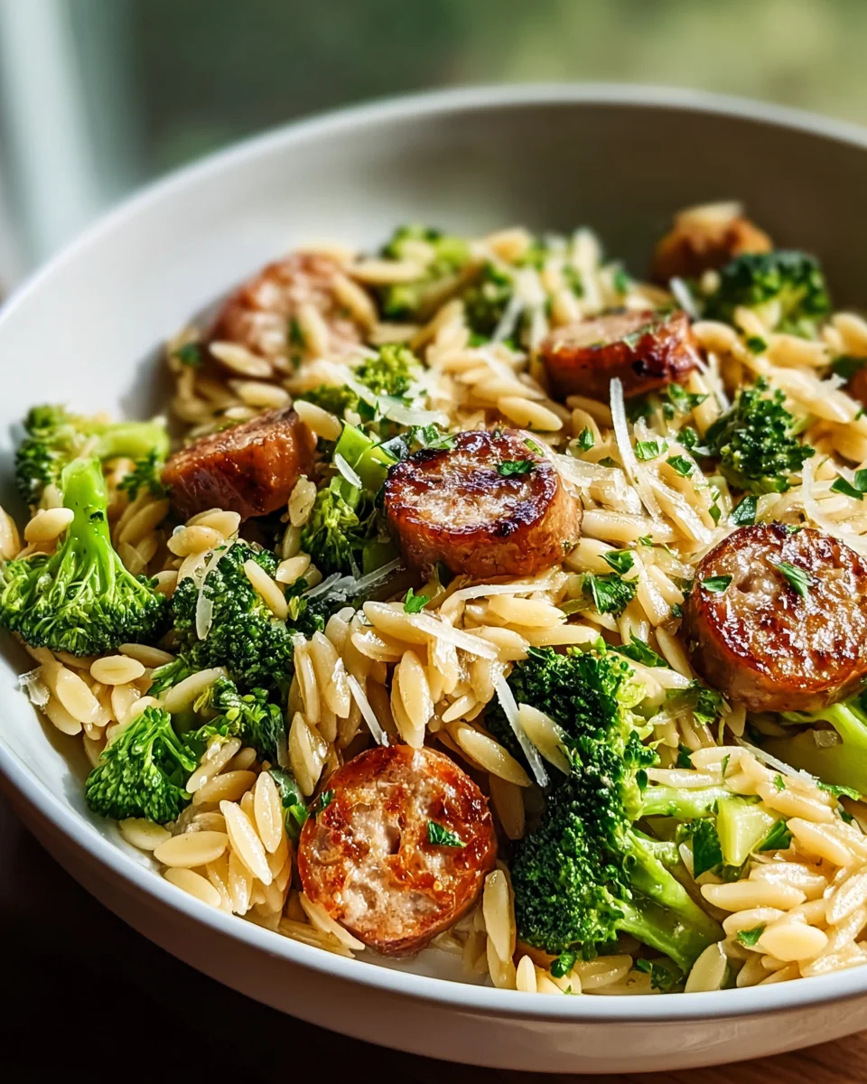 Schnelles Rezept: Hähnchenwurst mit Brokkoli und Orzo