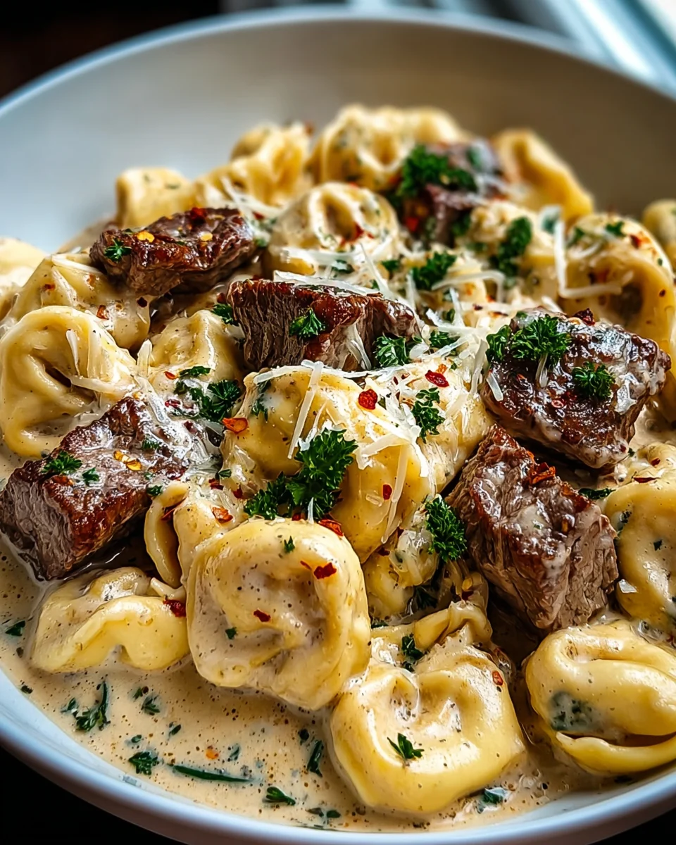 Steak Tortellini mit intensivem Knoblauch in cremiger Sauce
