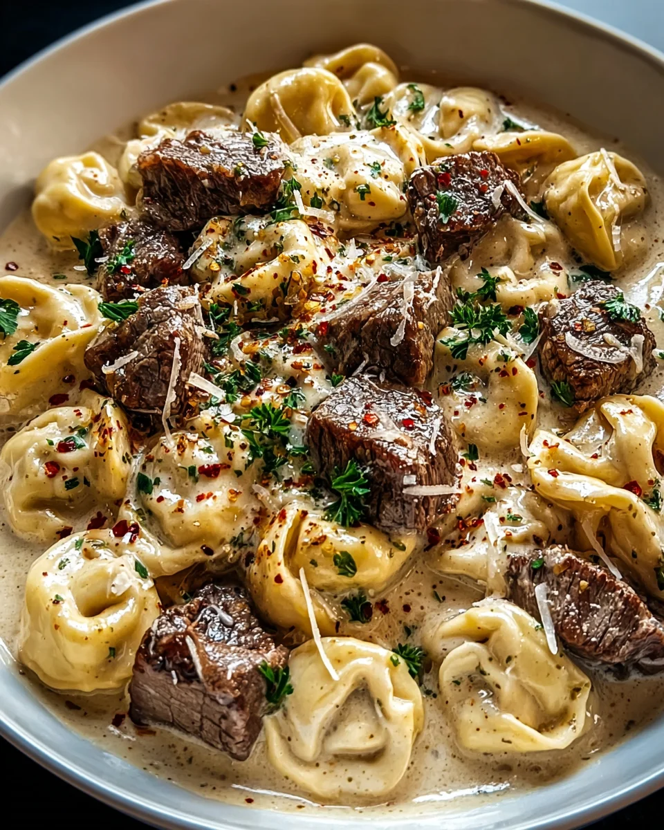 Steak Tortellini mit intensivem Knoblauch in cremiger Sauce