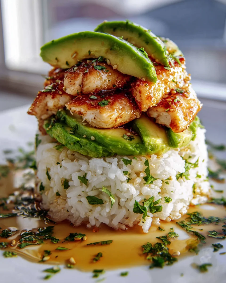 Rezept: Saftiges Honig-Limette Hähnchen mit Avocado-Reis-Stapel