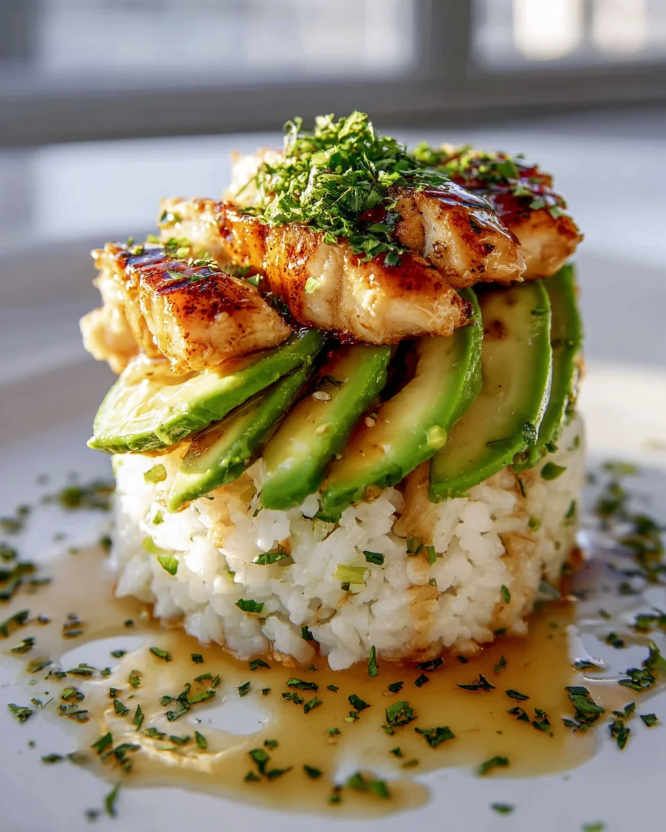 Rezept: Saftiges Honig-Limette Hähnchen mit Avocado-Reis-Stapel