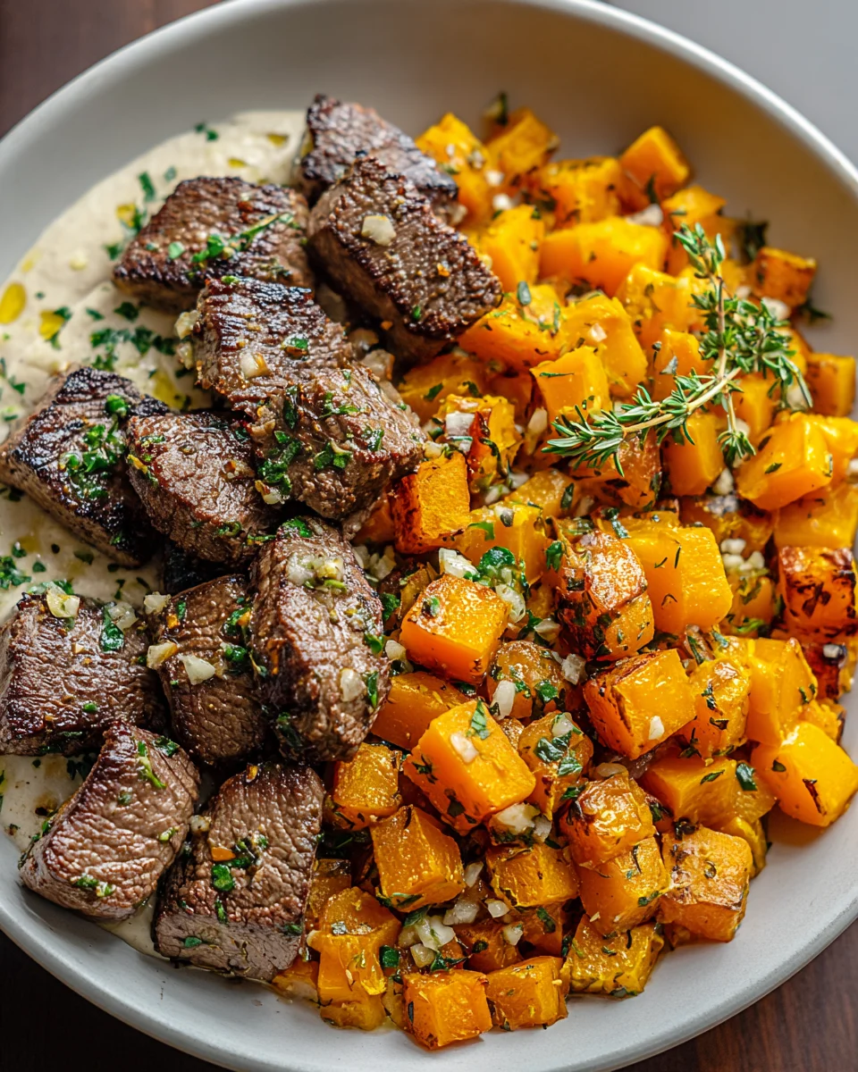 Herzhafte Butternut-Kürbis Knoblauch Kräuter Steak-Bowls