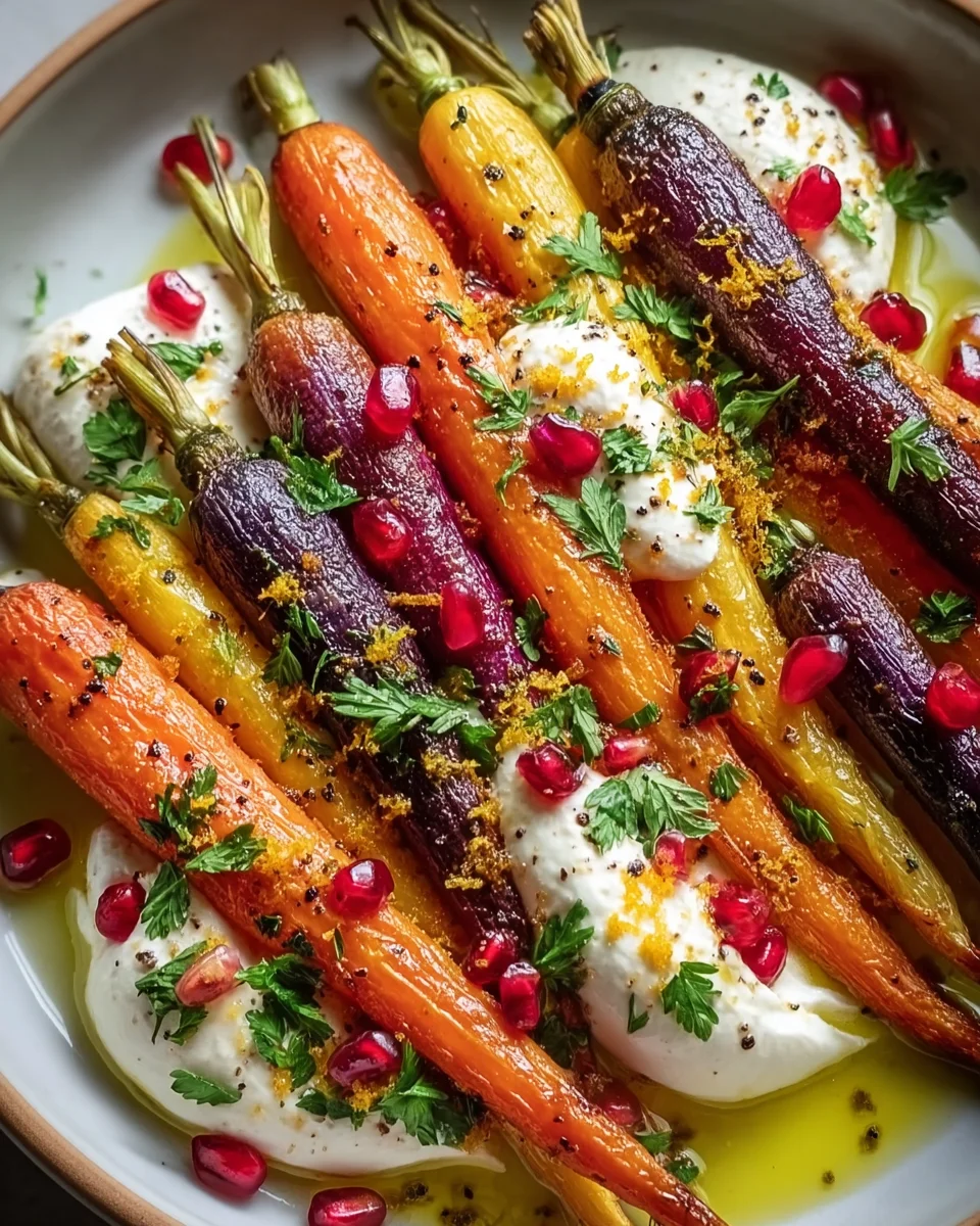 Honiggeröstete Regenbogenkarotten mit Burrata und Granatapfel