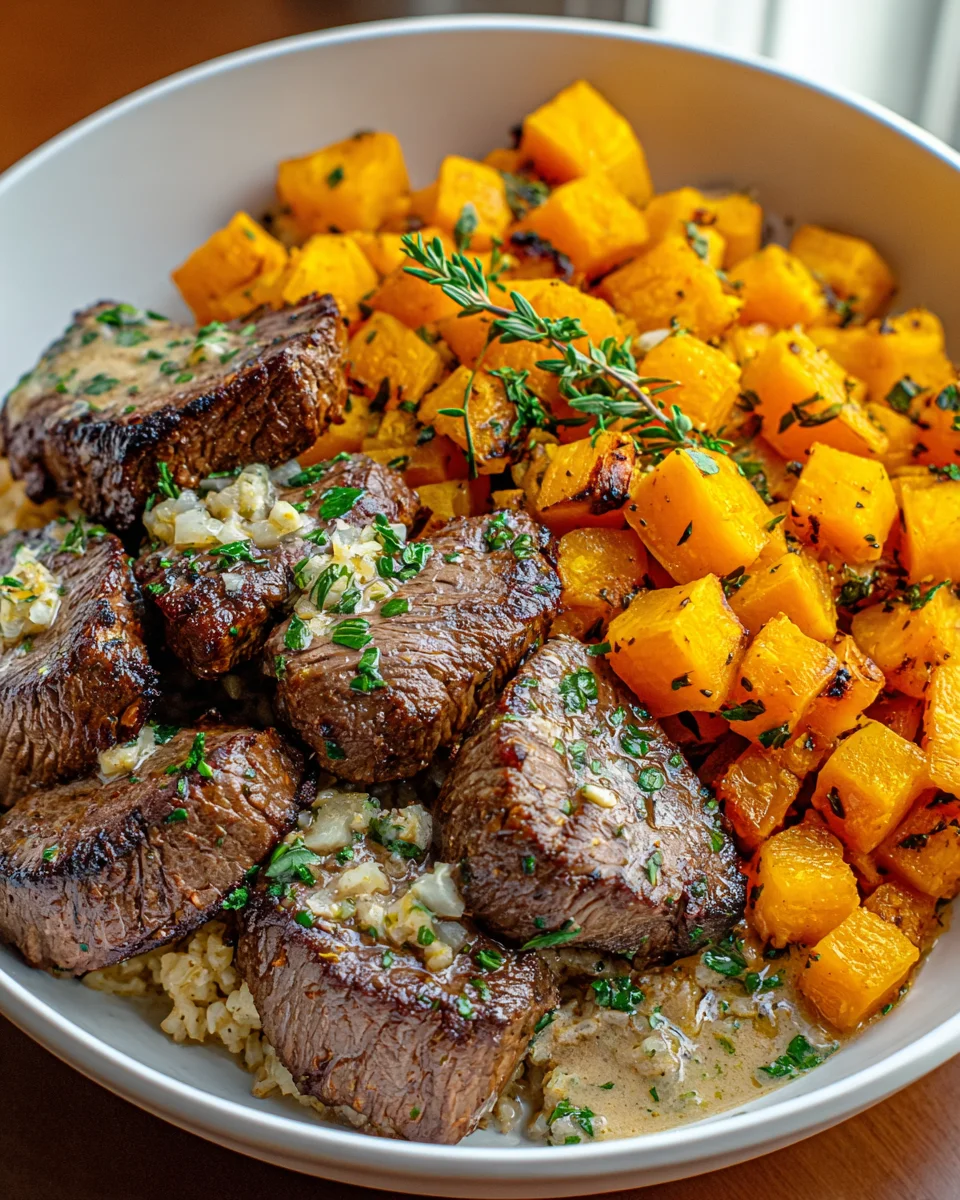 Herzhafte Butternut-Kürbis Knoblauch Kräuter Steak-Bowls