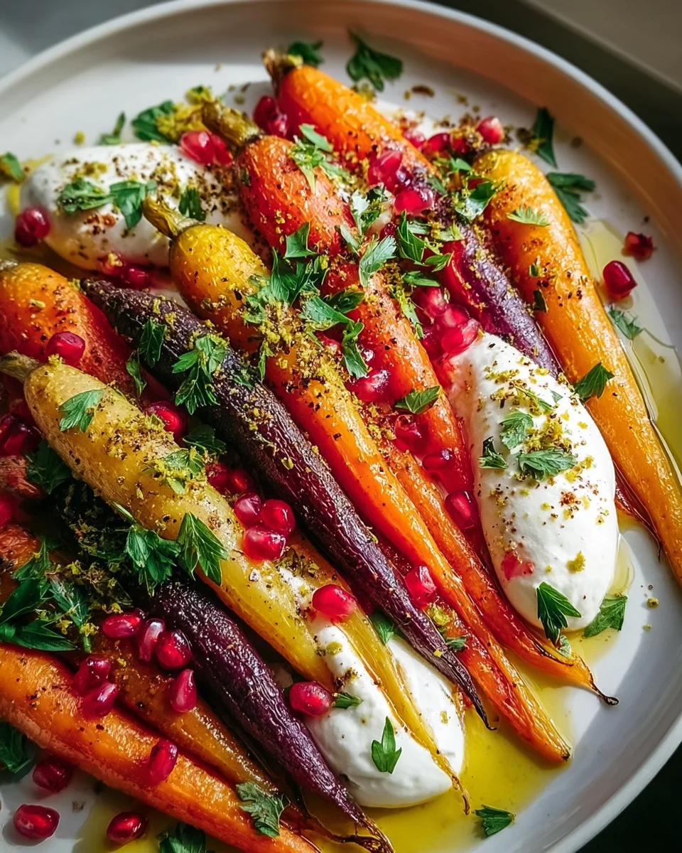 Honiggeröstete Regenbogenkarotten mit Burrata und Granatapfel