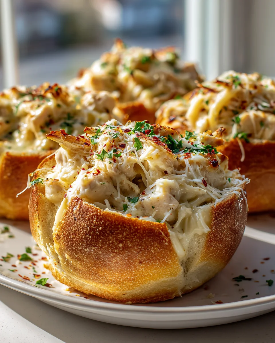 Cremige Chicken Alfredo Bowls im Knoblauchbrot-Mantel