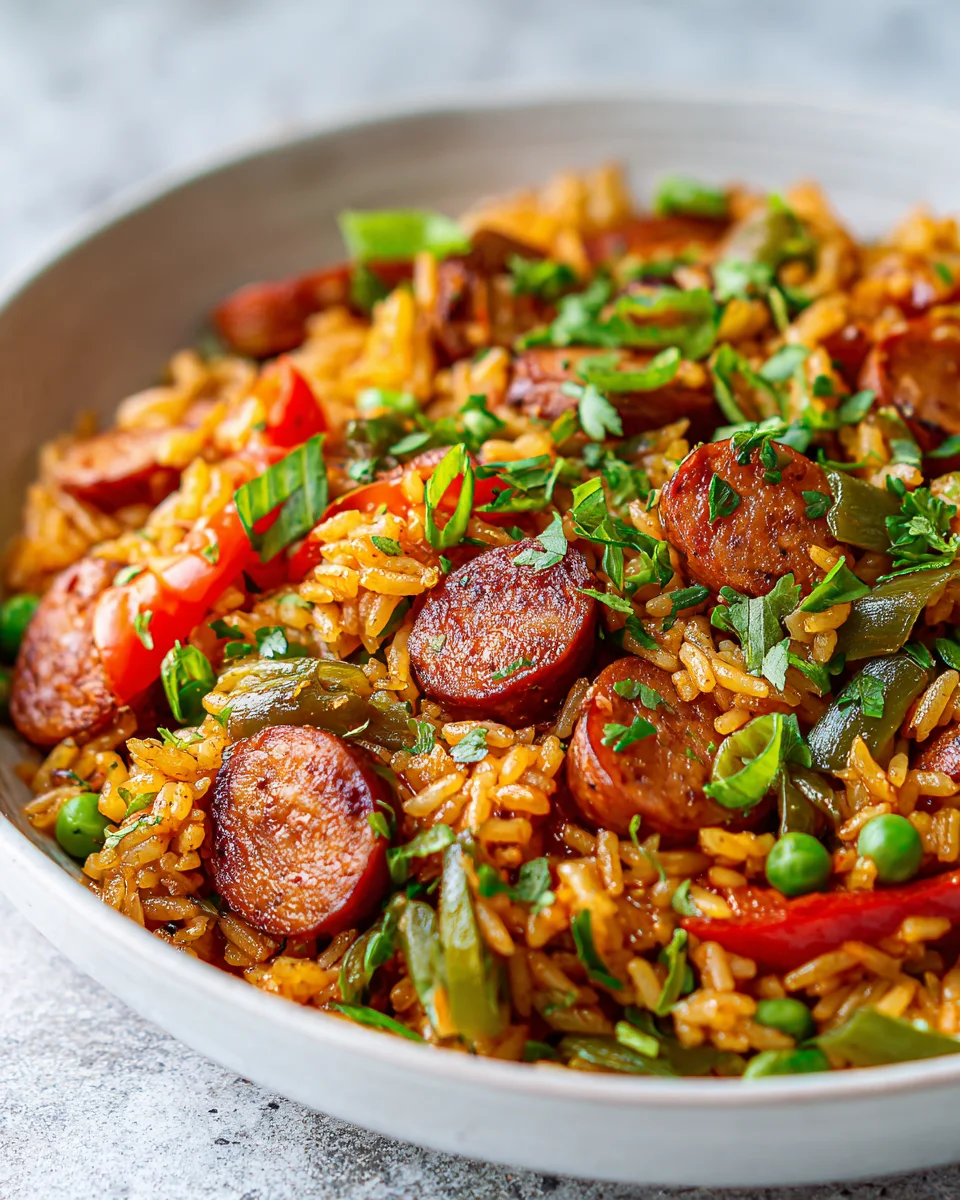 Herzhafte One Pan Geräucherte Rindswurst-Reis-Pfanne