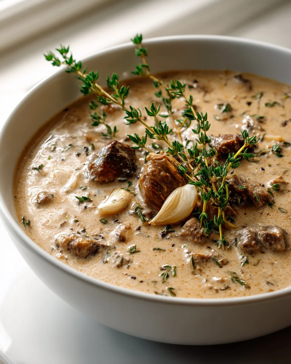 Cremige Beef-Champignon-Suppe mit Knoblauch & Thymian