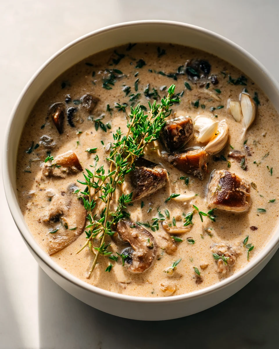 Cremige Beef-Champignon-Suppe mit Knoblauch & Thymian