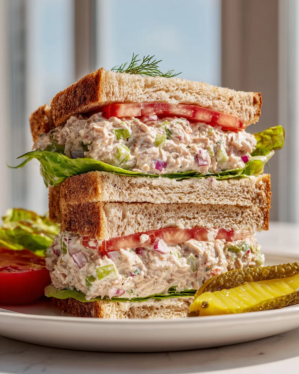 Köstliches Thunfischsalat Club Sandwich Rezept mit Pickles