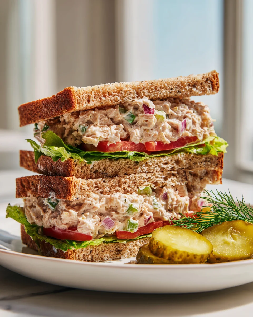 Köstliches Thunfischsalat Club Sandwich Rezept mit Pickles
