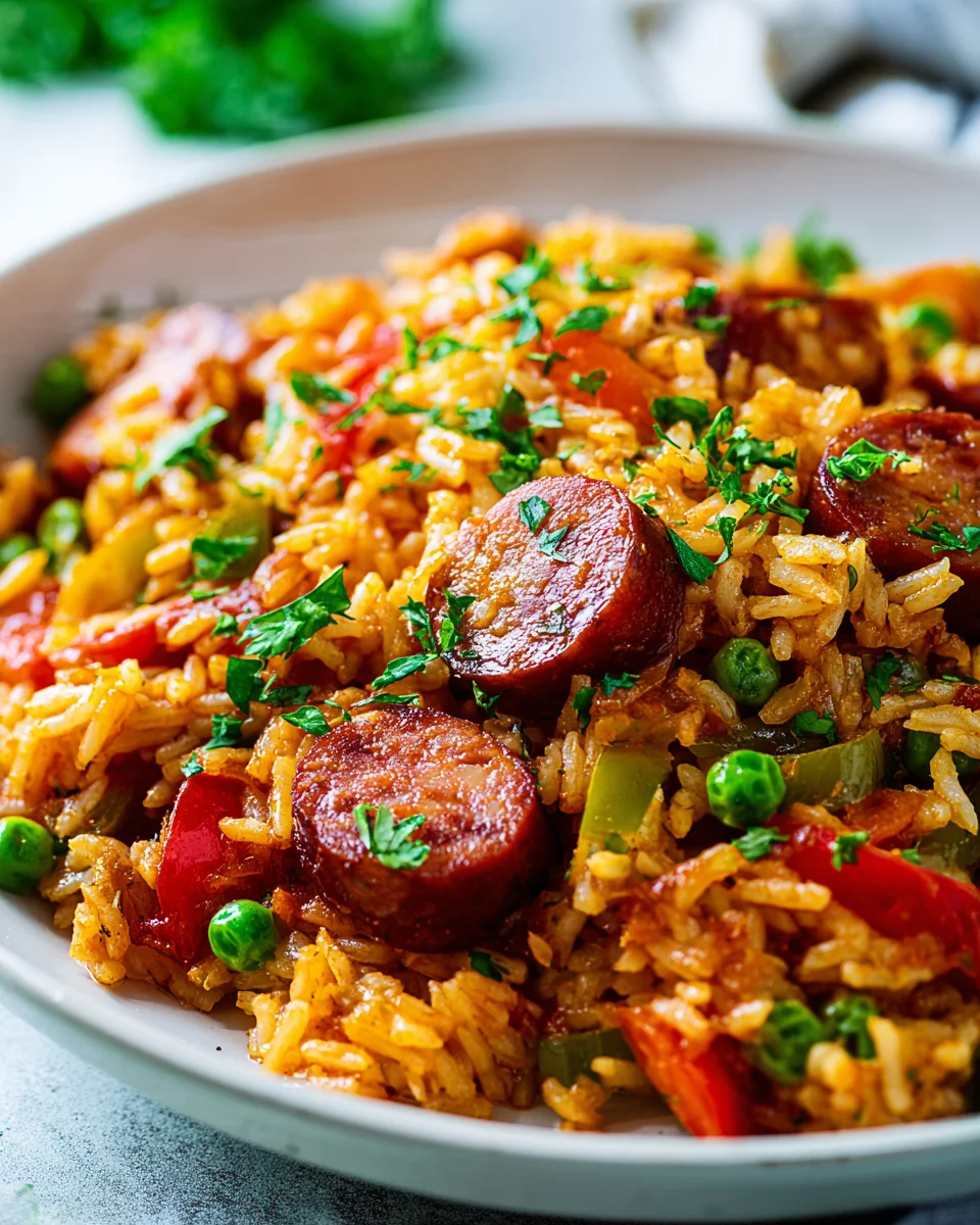 Herzhafte One Pan Geräucherte Rindswurst-Reis-Pfanne