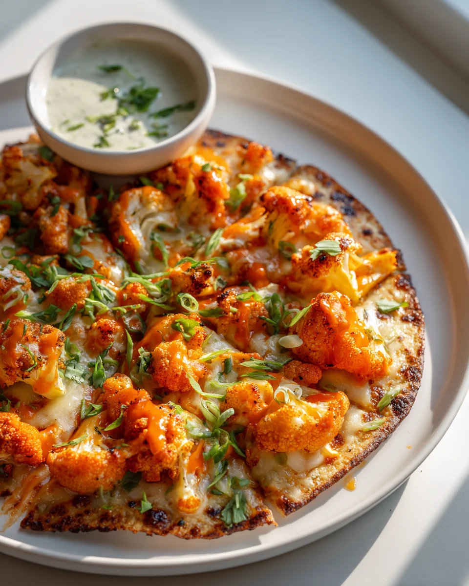 Schnelle Buffalo Blumenkohl Tortilla Pizza + Ranch Dip