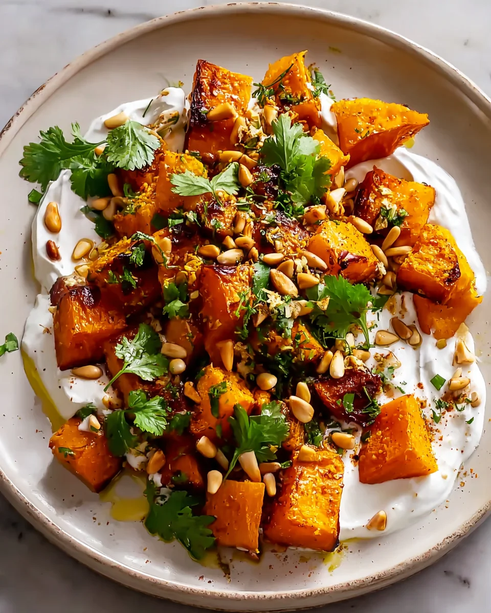 Goldener Kürbis mit Joghurtsoße und Pinienkernen Rezept