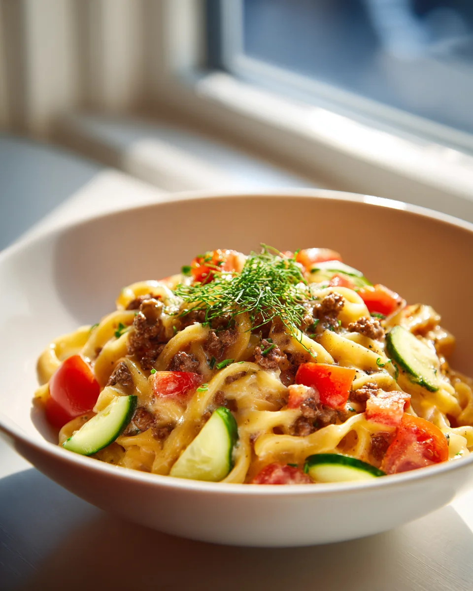Cheeseburger Nudeln Bowl: Herzhaft, frisch mit Tomate & Gurke