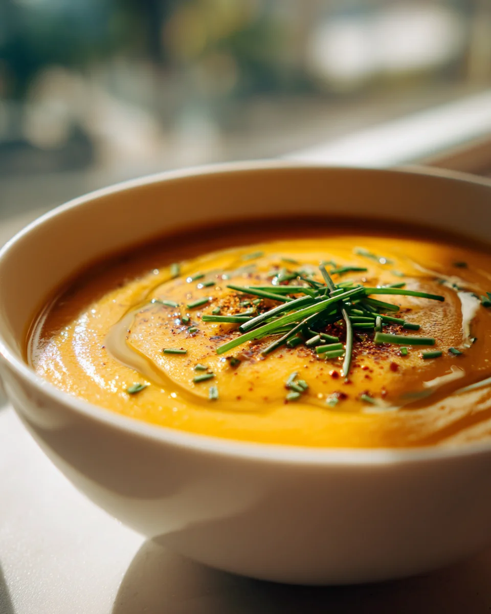 Cremige Omas Kürbissuppe mit geröstetem Knoblauchöl